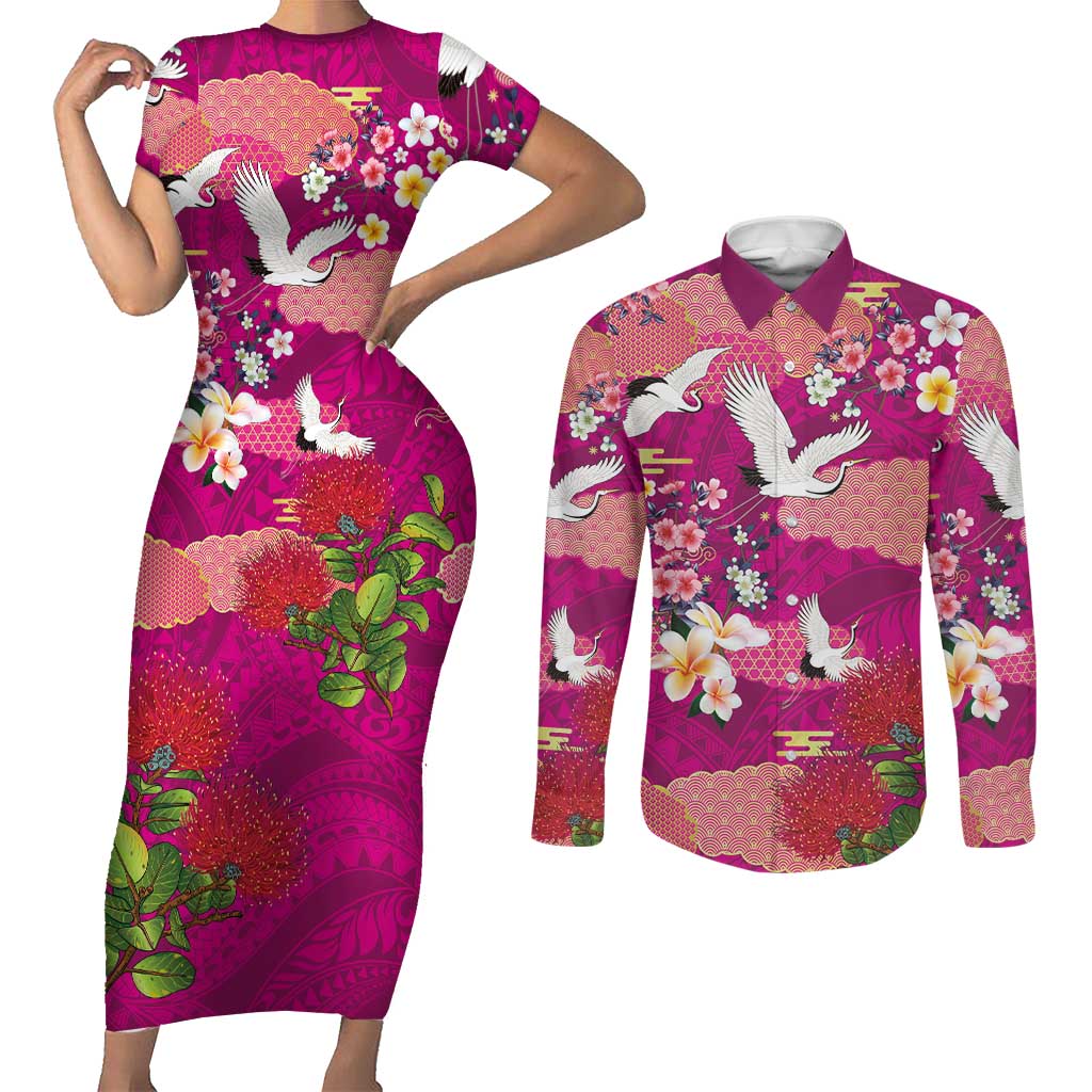Hawaiian and Japanese Culture Together Couples Matching Short Sleeve Bodycon Dress and Long Sleeve Button Shirt Pink Ohia Lehua Plumeria and Sakura Blooming LT03 Pink - Polynesian Pride