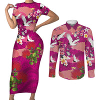 Hawaiian and Japanese Culture Together Couples Matching Short Sleeve Bodycon Dress and Long Sleeve Button Shirt Pink Ohia Lehua Plumeria and Sakura Blooming LT03 Pink - Polynesian Pride