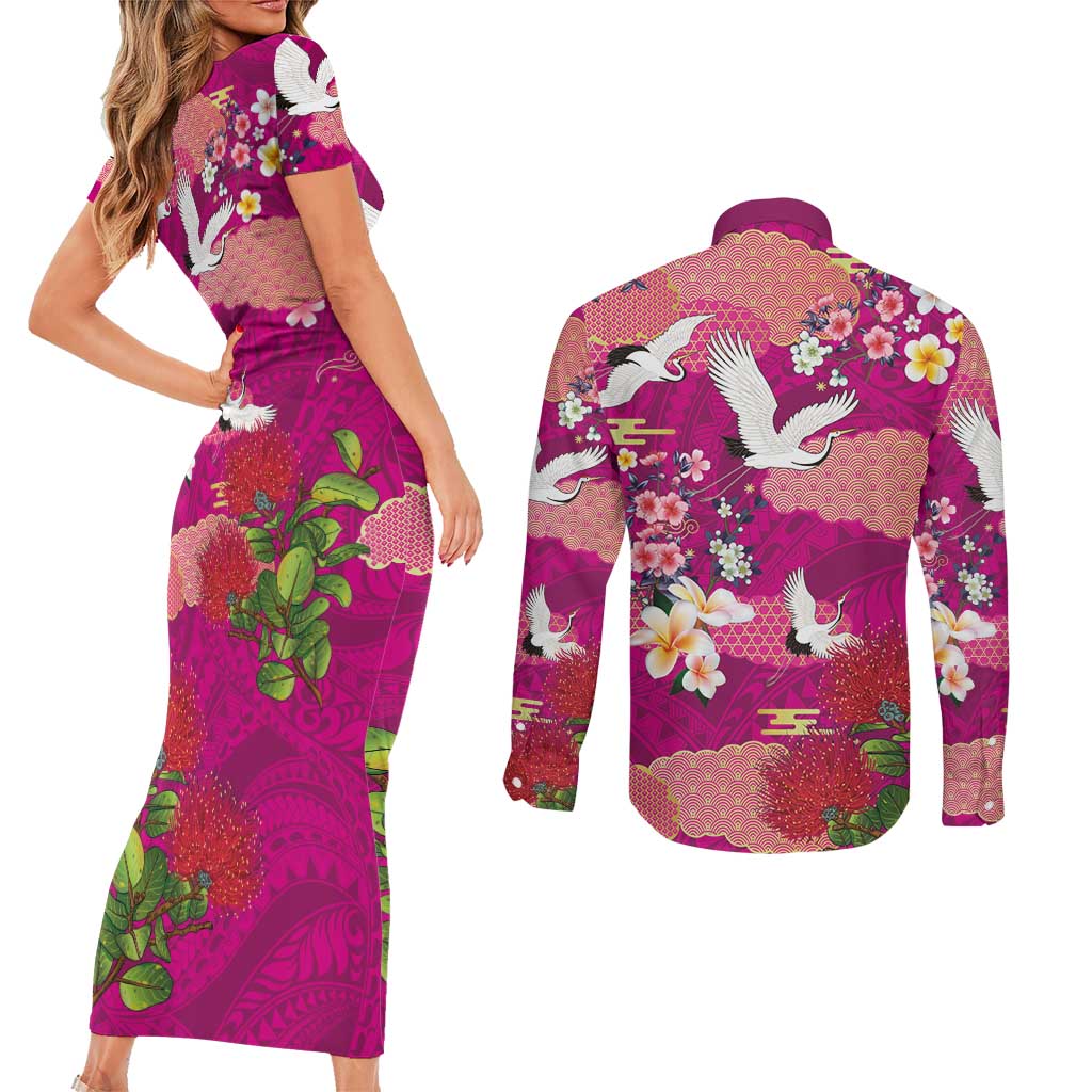 Hawaiian and Japanese Culture Together Couples Matching Short Sleeve Bodycon Dress and Long Sleeve Button Shirt Pink Ohia Lehua Plumeria and Sakura Blooming LT03 - Polynesian Pride