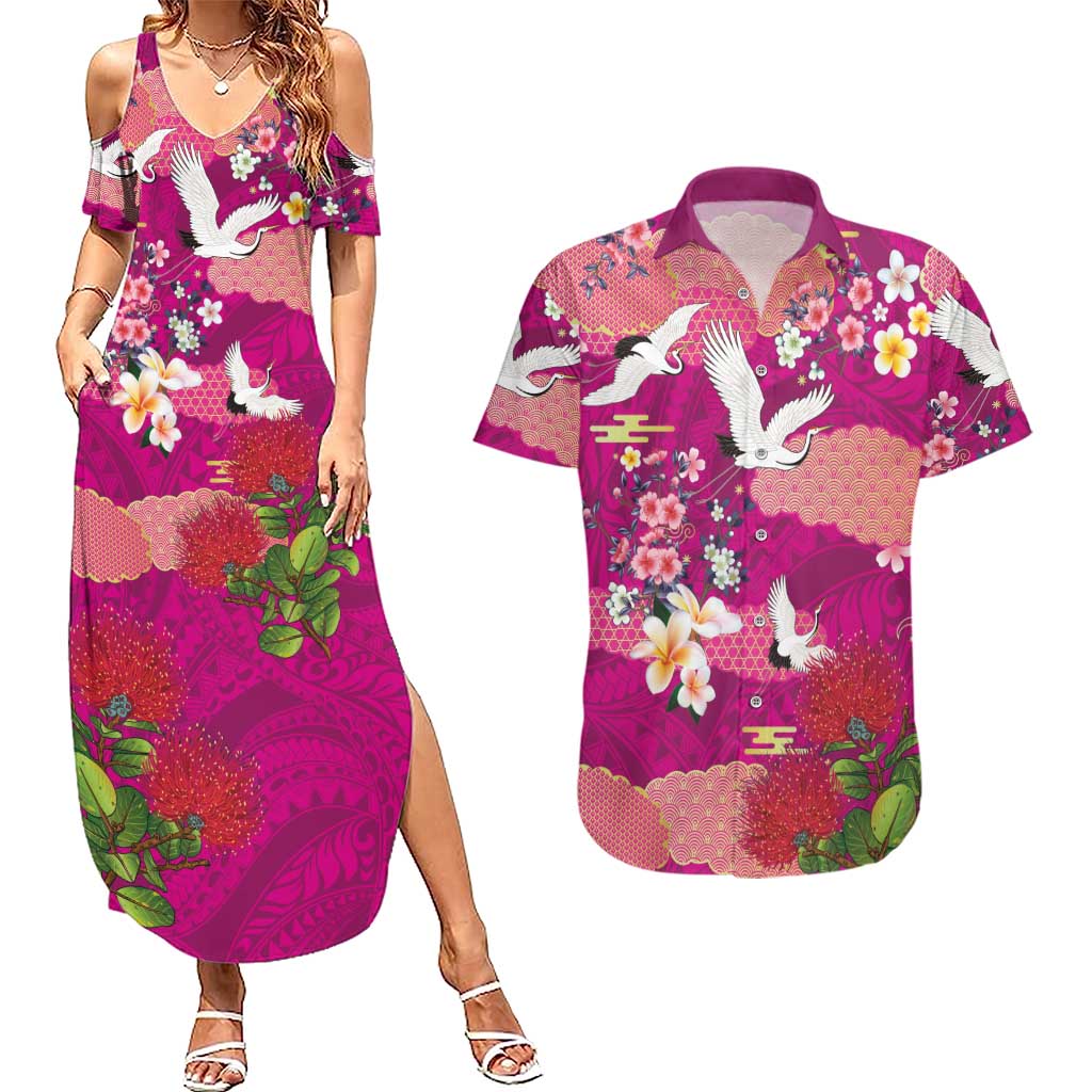 Hawaiian and Japanese Culture Together Couples Matching Summer Maxi Dress and Hawaiian Shirt Pink Ohia Lehua Plumeria and Sakura Blooming - Polynesian Pride