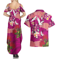 Hawaiian and Japanese Culture Together Couples Matching Summer Maxi Dress and Hawaiian Shirt Pink Ohia Lehua Plumeria and Sakura Blooming - Polynesian Pride