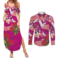 Hawaiian and Japanese Culture Together Couples Matching Summer Maxi Dress and Long Sleeve Button Shirt Pink Ohia Lehua Plumeria and Sakura Blooming - Polynesian Pride