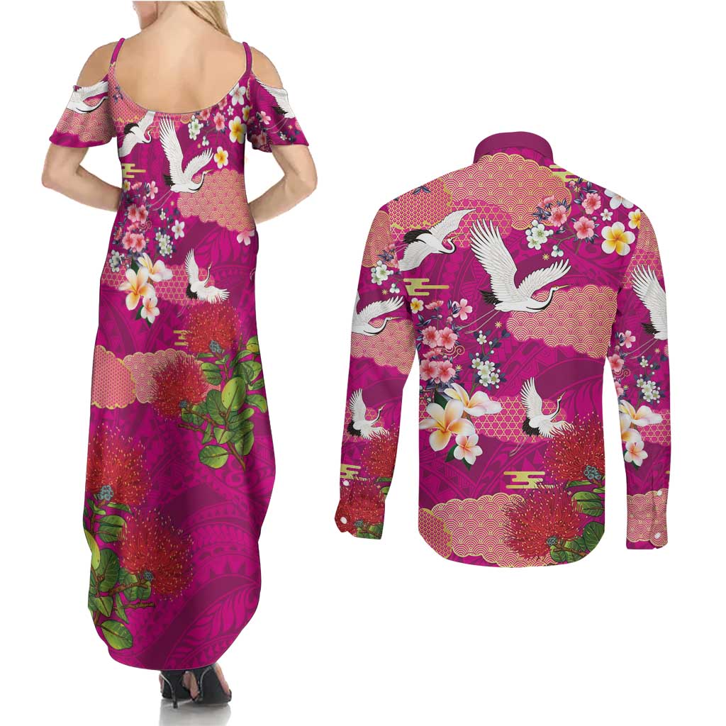 Hawaiian and Japanese Culture Together Couples Matching Summer Maxi Dress and Long Sleeve Button Shirt Pink Ohia Lehua Plumeria and Sakura Blooming - Polynesian Pride
