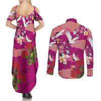 Hawaiian and Japanese Culture Together Couples Matching Summer Maxi Dress and Long Sleeve Button Shirt Pink Ohia Lehua Plumeria and Sakura Blooming - Polynesian Pride