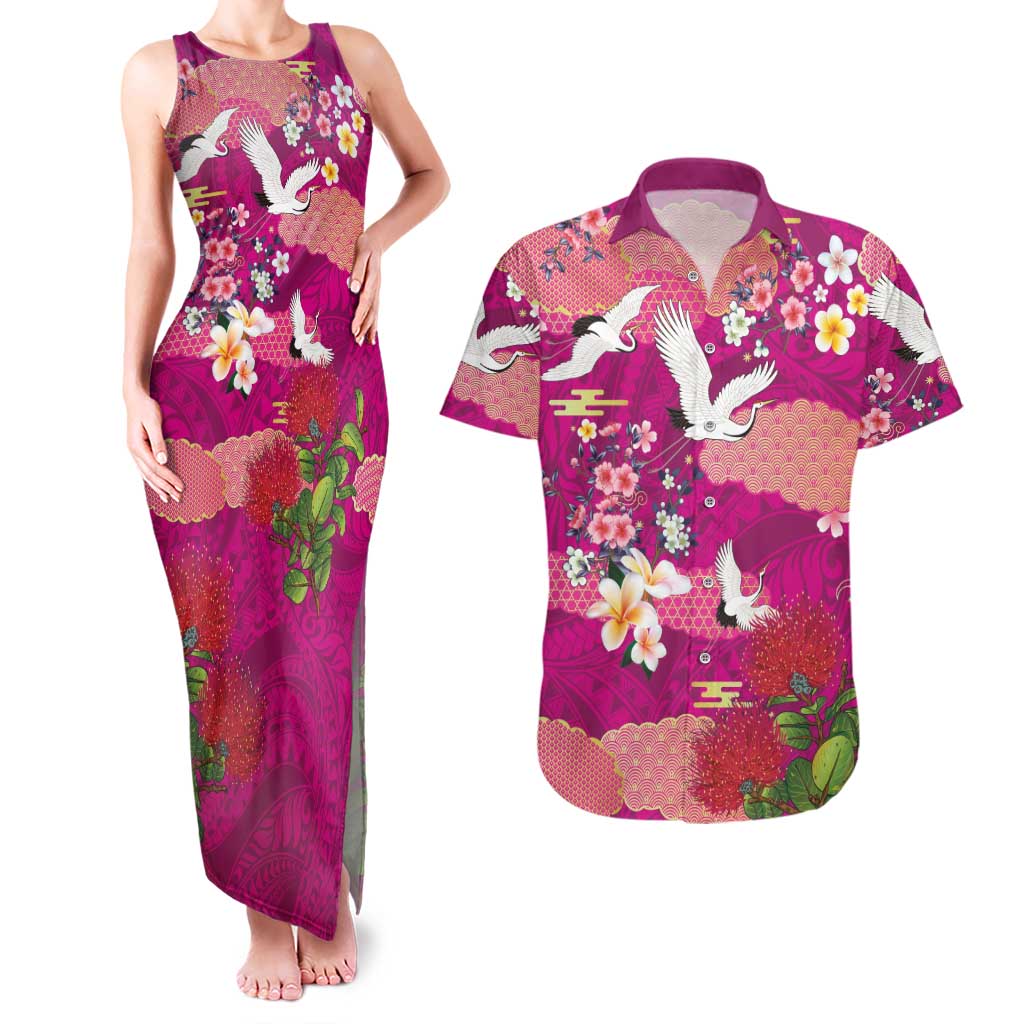 Hawaiian and Japanese Culture Together Couples Matching Tank Maxi Dress and Hawaiian Shirt Pink Ohia Lehua Plumeria and Sakura Blooming - Polynesian Pride