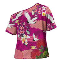 Hawaiian and Japanese Culture Together Cross Shoulder Shirt Pink Ohia Lehua Plumeria and Sakura Blooming - Polynesian Pride
