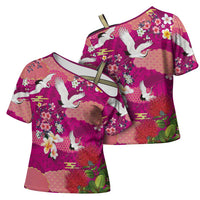 Hawaiian and Japanese Culture Together Cross Shoulder Shirt Pink Ohia Lehua Plumeria and Sakura Blooming - Polynesian Pride