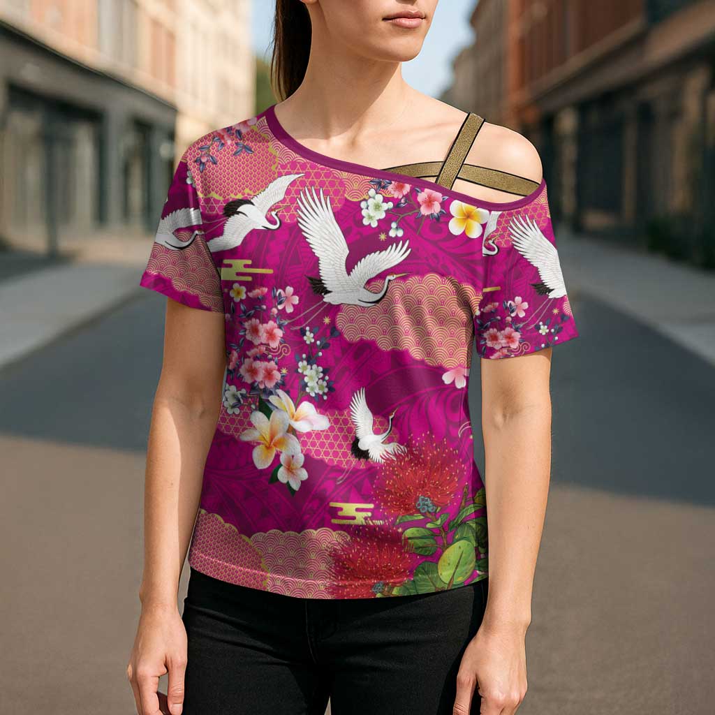 Hawaiian and Japanese Culture Together Cross Shoulder Shirt Pink Ohia Lehua Plumeria and Sakura Blooming - Polynesian Pride
