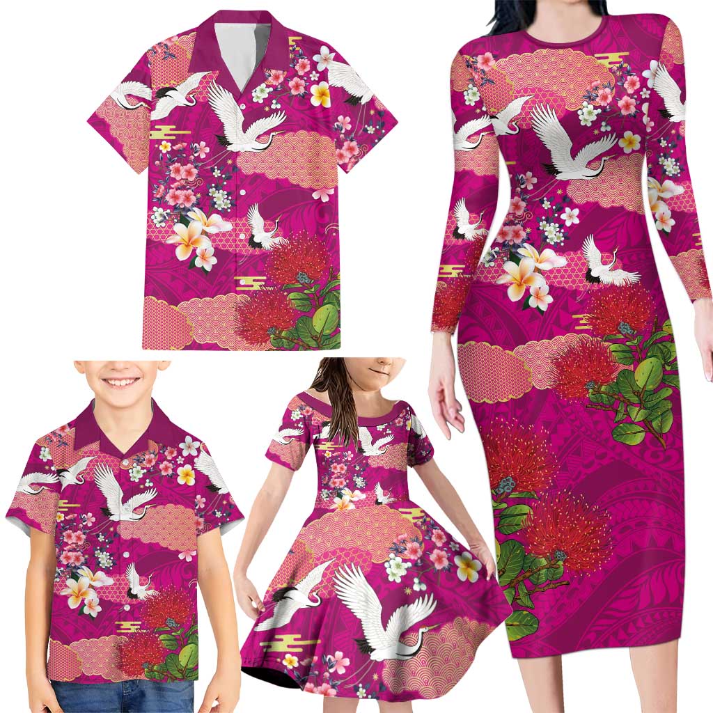 Hawaiian and Japanese Culture Together Family Matching Long Sleeve Bodycon Dress and Hawaiian Shirt Pink Ohia Lehua Plumeria and Sakura Blooming - Polynesian Pride