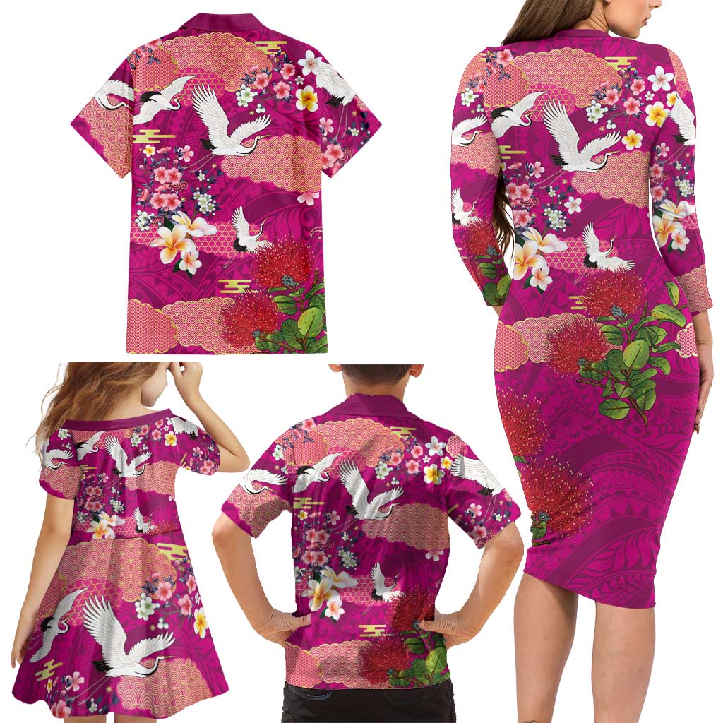 Hawaiian and Japanese Culture Together Family Matching Long Sleeve Bodycon Dress and Hawaiian Shirt Pink Ohia Lehua Plumeria and Sakura Blooming - Polynesian Pride
