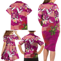 Hawaiian and Japanese Culture Together Family Matching Long Sleeve Bodycon Dress and Hawaiian Shirt Pink Ohia Lehua Plumeria and Sakura Blooming - Polynesian Pride