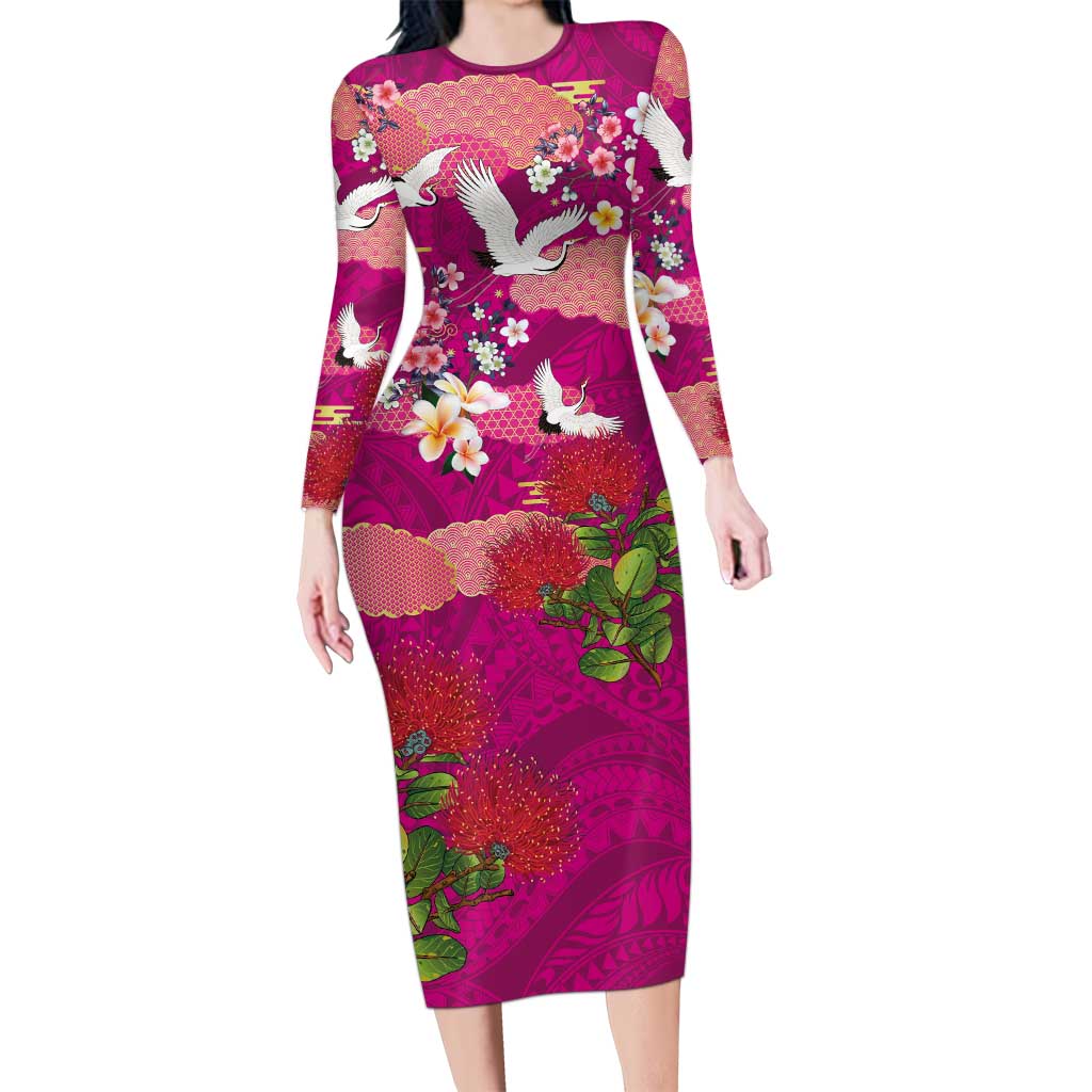 Hawaiian and Japanese Culture Together Family Matching Long Sleeve Bodycon Dress and Hawaiian Shirt Pink Ohia Lehua Plumeria and Sakura Blooming - Polynesian Pride