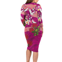 Hawaiian and Japanese Culture Together Family Matching Long Sleeve Bodycon Dress and Hawaiian Shirt Pink Ohia Lehua Plumeria and Sakura Blooming - Polynesian Pride