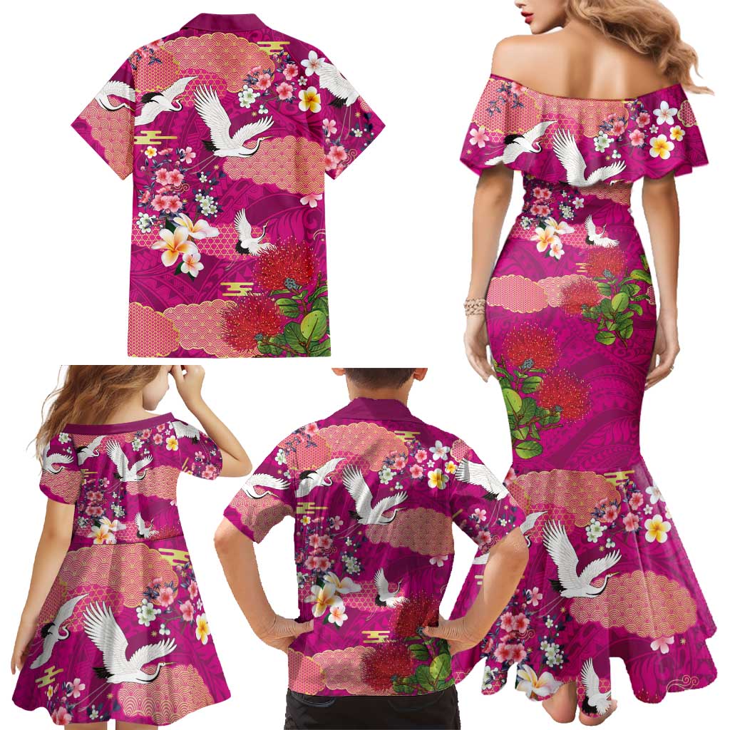 Hawaiian and Japanese Culture Together Family Matching Mermaid Dress and Hawaiian Shirt Pink Ohia Lehua Plumeria and Sakura Blooming - Polynesian Pride