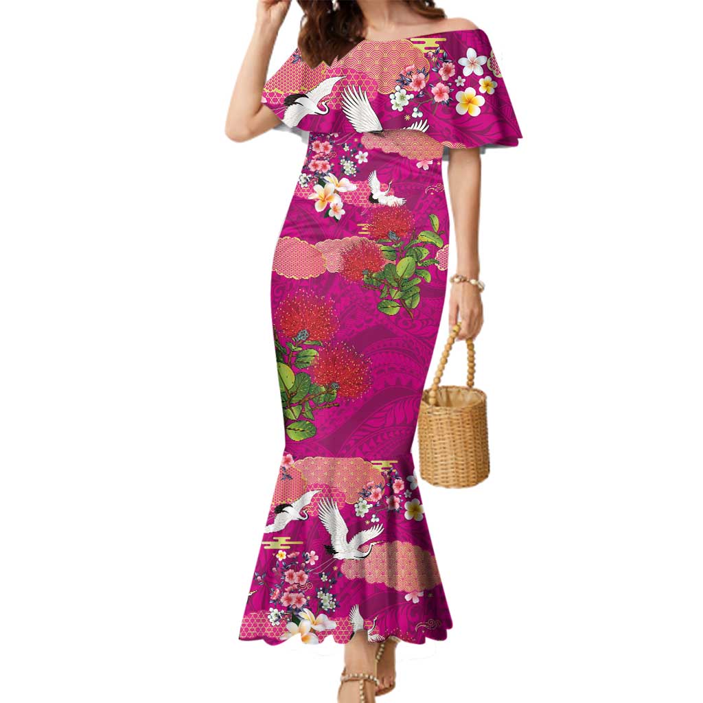 Hawaiian and Japanese Culture Together Family Matching Mermaid Dress and Hawaiian Shirt Pink Ohia Lehua Plumeria and Sakura Blooming - Polynesian Pride