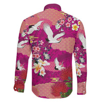 Hawaiian and Japanese Culture Together Family Matching Off The Shoulder Long Sleeve Dress and Hawaiian Shirt Pink Ohia Lehua Plumeria and Sakura Blooming - Polynesian Pride