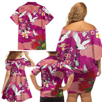 Hawaiian and Japanese Culture Together Family Matching Off Shoulder Short Dress and Hawaiian Shirt Pink Ohia Lehua Plumeria and Sakura Blooming - Polynesian Pride