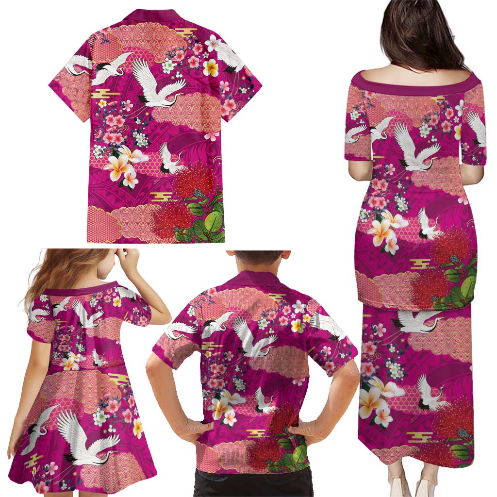 Hawaiian and Japanese Culture Together Family Matching Puletasi and Hawaiian Shirt Pink Ohia Lehua Plumeria and Sakura Blooming - Polynesian Pride