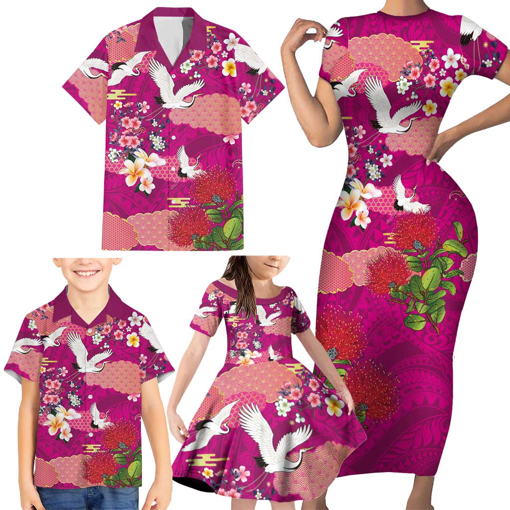 Hawaiian and Japanese Culture Together Family Matching Short Sleeve Bodycon Dress and Hawaiian Shirt Pink Ohia Lehua Plumeria and Sakura Blooming - Polynesian Pride