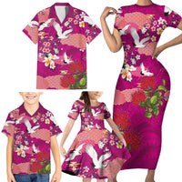 Hawaiian and Japanese Culture Together Family Matching Short Sleeve Bodycon Dress and Hawaiian Shirt Pink Ohia Lehua Plumeria and Sakura Blooming - Polynesian Pride