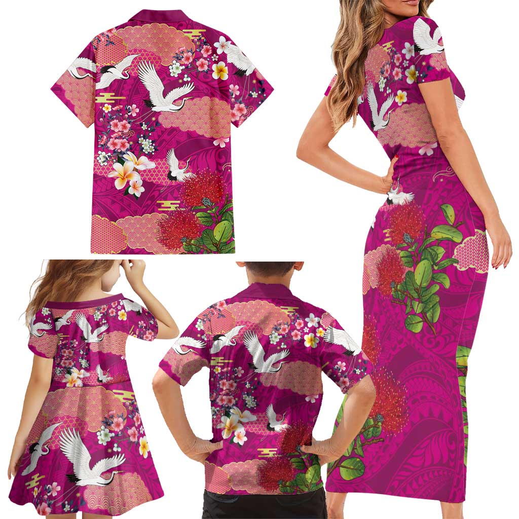 Hawaiian and Japanese Culture Together Family Matching Short Sleeve Bodycon Dress and Hawaiian Shirt Pink Ohia Lehua Plumeria and Sakura Blooming - Polynesian Pride