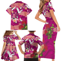 Hawaiian and Japanese Culture Together Family Matching Short Sleeve Bodycon Dress and Hawaiian Shirt Pink Ohia Lehua Plumeria and Sakura Blooming - Polynesian Pride