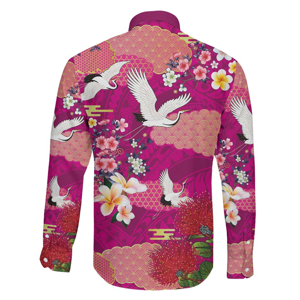 Hawaiian and Japanese Culture Together Family Matching Short Sleeve Bodycon Dress and Hawaiian Shirt Pink Ohia Lehua Plumeria and Sakura Blooming - Polynesian Pride