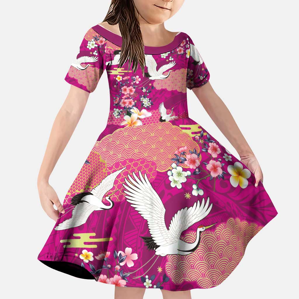 Hawaiian and Japanese Culture Together Family Matching Summer Maxi Dress and Hawaiian Shirt Pink Ohia Lehua Plumeria and Sakura Blooming - Polynesian Pride
