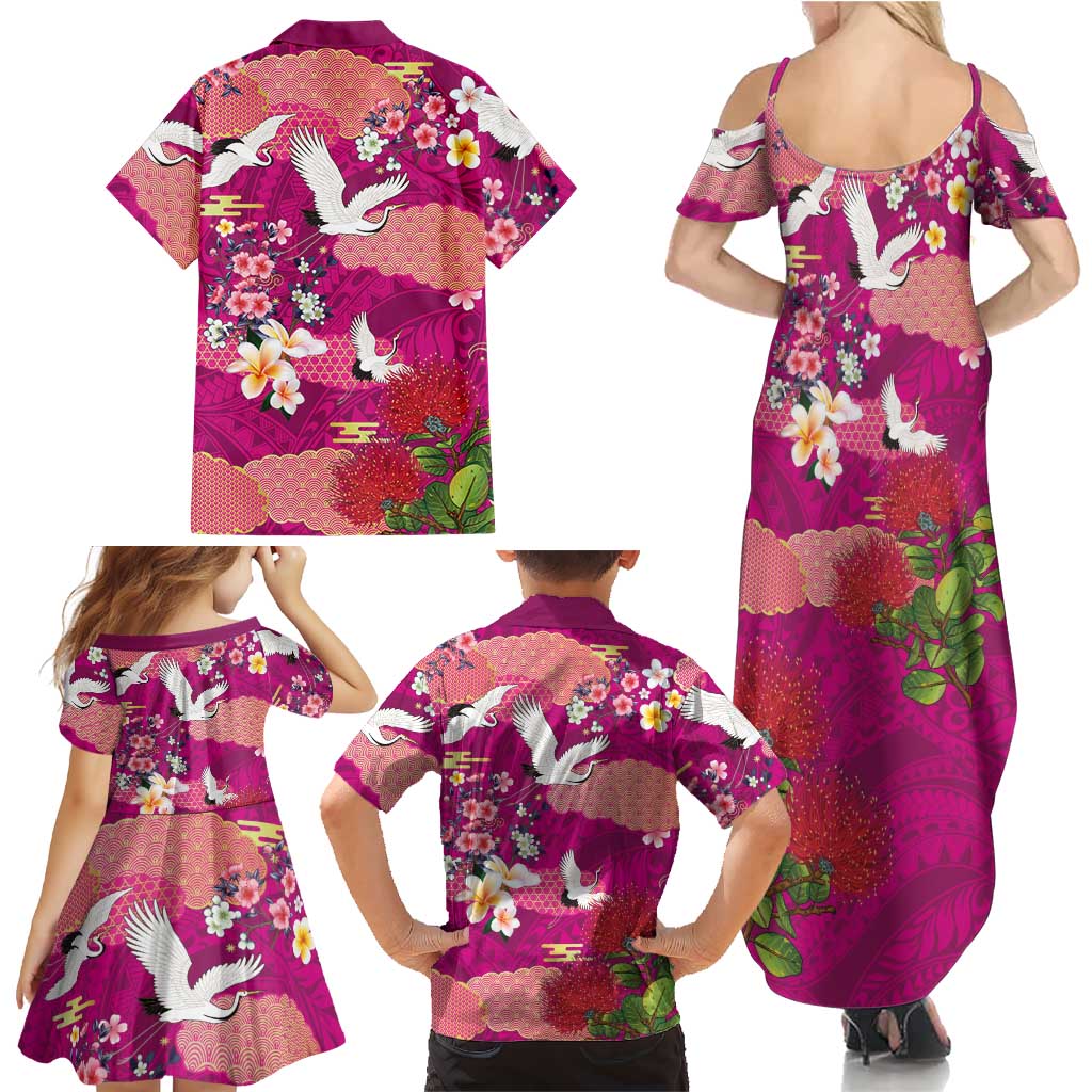 Hawaiian and Japanese Culture Together Family Matching Summer Maxi Dress and Hawaiian Shirt Pink Ohia Lehua Plumeria and Sakura Blooming - Polynesian Pride