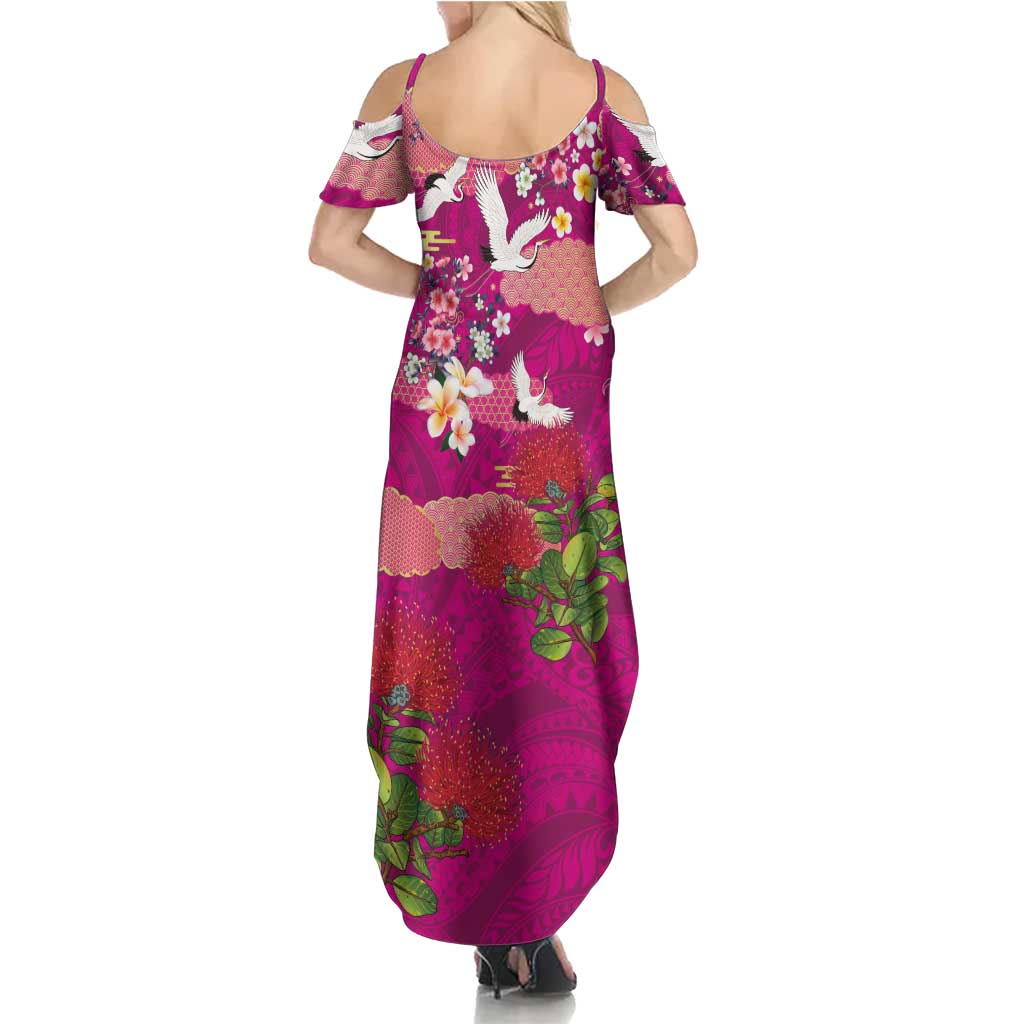 Hawaiian and Japanese Culture Together Family Matching Summer Maxi Dress and Hawaiian Shirt Pink Ohia Lehua Plumeria and Sakura Blooming - Polynesian Pride