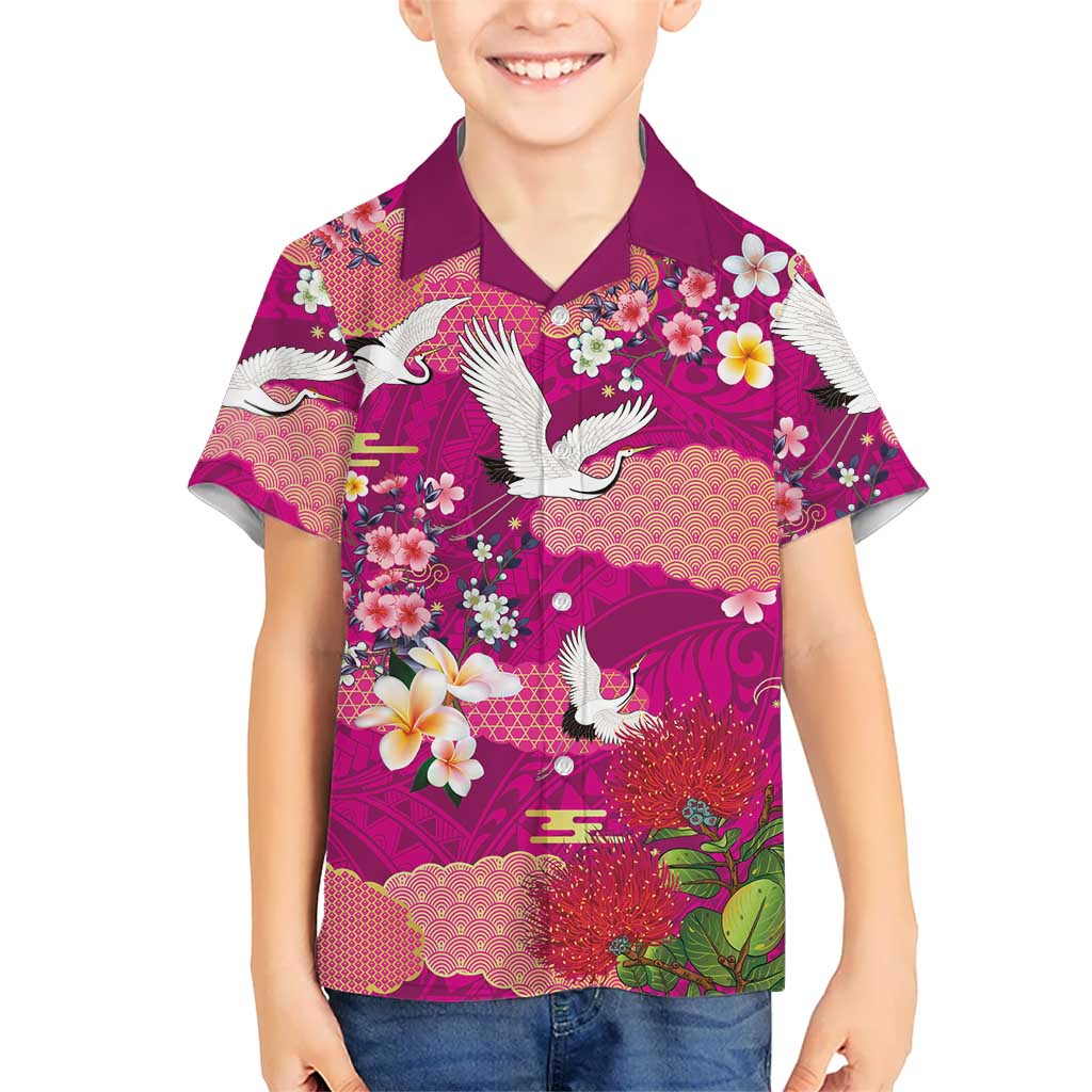 Hawaiian and Japanese Culture Together Family Matching Summer Maxi Dress and Hawaiian Shirt Pink Ohia Lehua Plumeria and Sakura Blooming - Polynesian Pride
