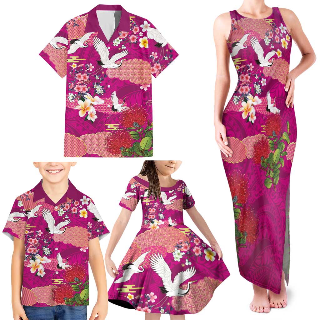 Hawaiian and Japanese Culture Together Family Matching Tank Maxi Dress and Hawaiian Shirt Pink Ohia Lehua Plumeria and Sakura Blooming - Polynesian Pride