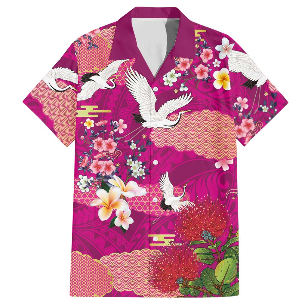 Hawaiian and Japanese Culture Together Hawaiian Shirt Pink Ohia Lehua Plumeria and Sakura Blooming LT03 Pink - Polynesian Pride