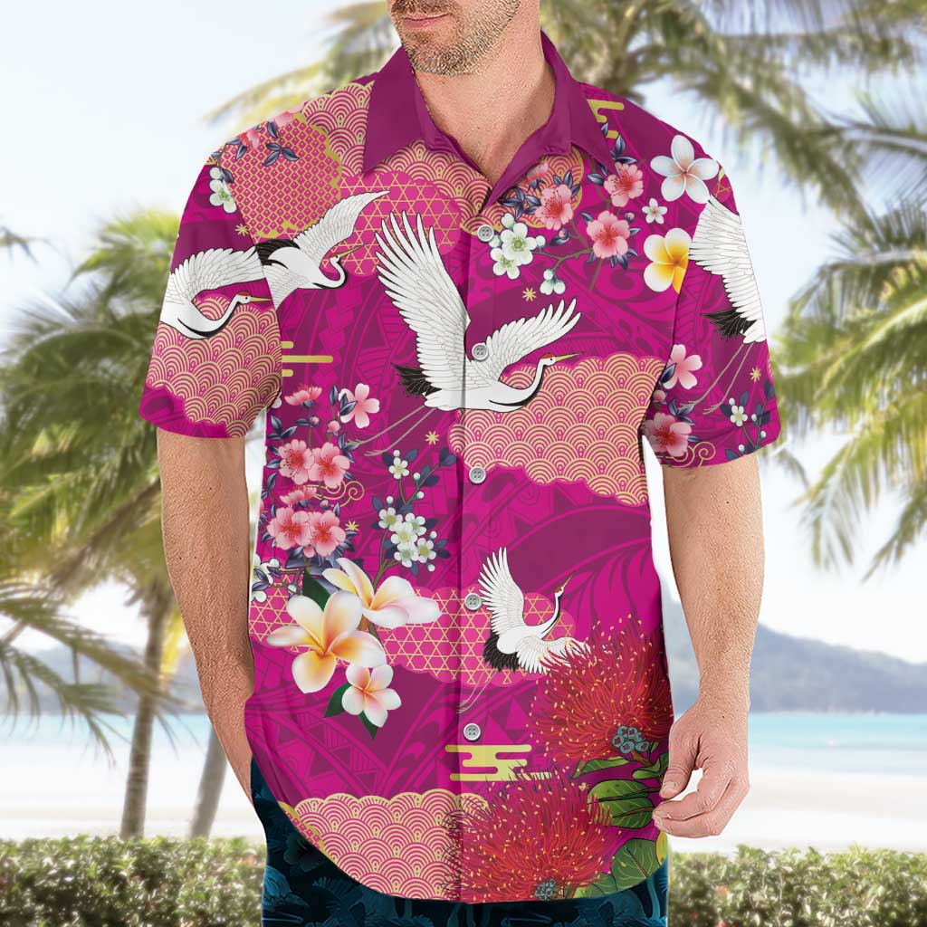 Hawaiian and Japanese Culture Together Hawaiian Shirt Pink Ohia Lehua Plumeria and Sakura Blooming LT03 - Polynesian Pride