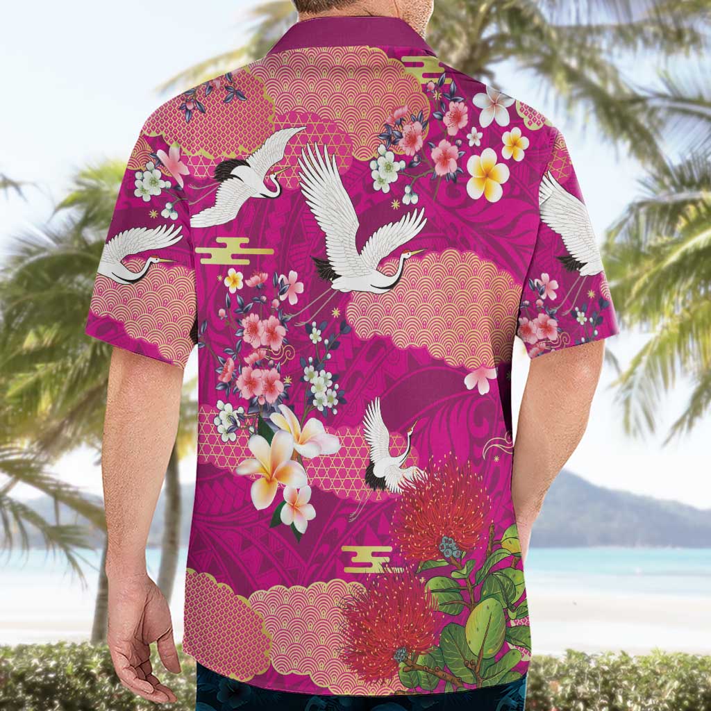 Hawaiian and Japanese Culture Together Hawaiian Shirt Pink Ohia Lehua Plumeria and Sakura Blooming LT03 - Polynesian Pride