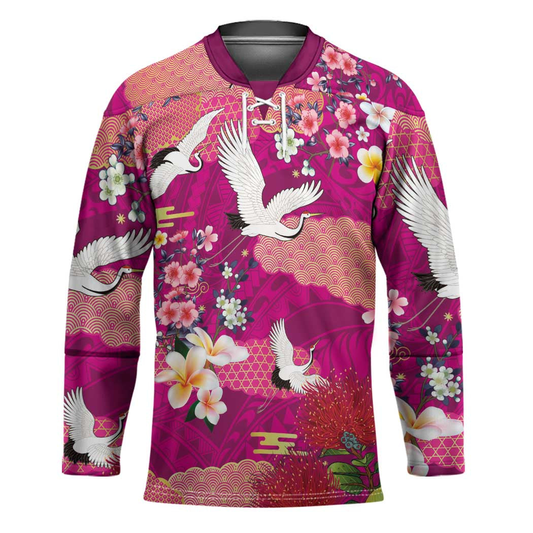 Hawaiian and Japanese Culture Together Hockey Jersey Pink Ohia Lehua Plumeria and Sakura Blooming - Polynesian Pride