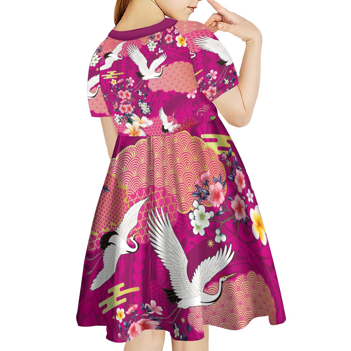 Hawaiian and Japanese Culture Together Kid Short Sleeve Dress Pink Ohia Lehua Plumeria and Sakura Blooming - Polynesian Pride