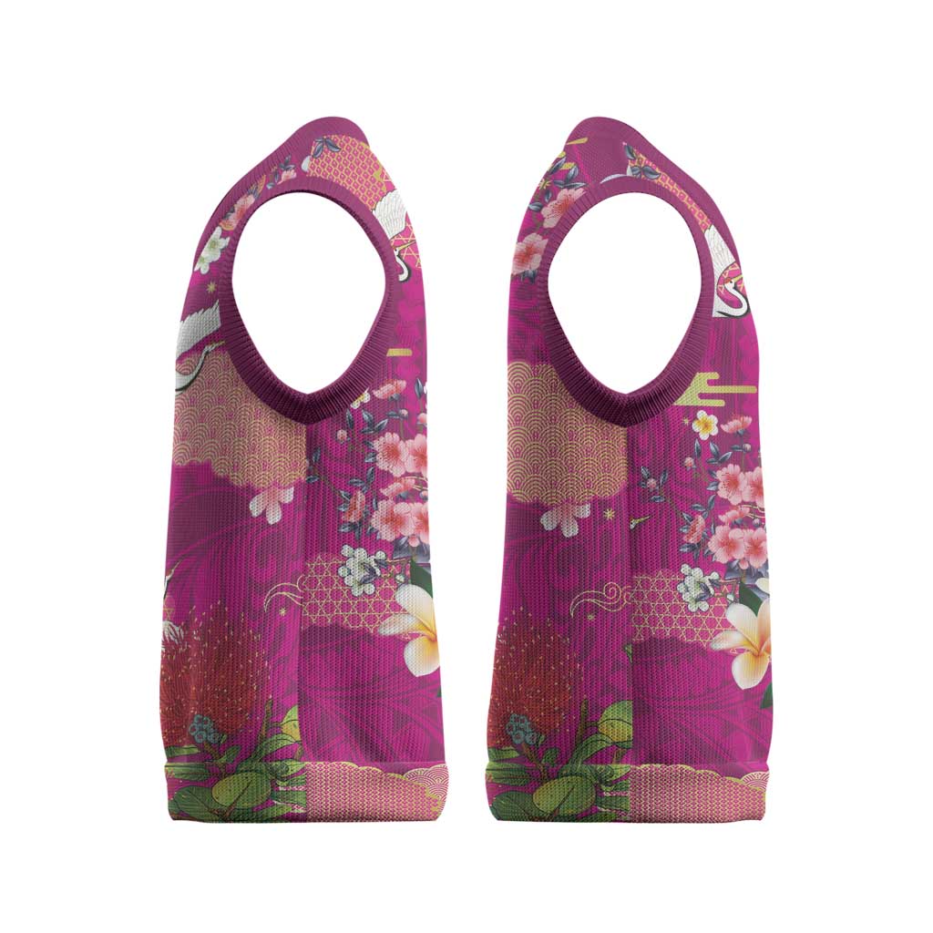 Hawaiian and Japanese Culture Together Christmas Knitted V-Neck Vest Pink Ohia Lehua Plumeria and Sakura Blooming - Polynesian Pride