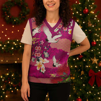 Hawaiian and Japanese Culture Together Christmas Knitted V-Neck Vest Pink Ohia Lehua Plumeria and Sakura Blooming - Polynesian Pride
