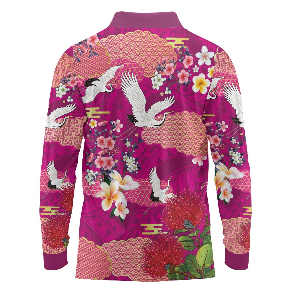 Hawaiian and Japanese Culture Together Long Sleeve Polo Shirt Pink Ohia Lehua Plumeria and Sakura Blooming LT03 - Polynesian Pride
