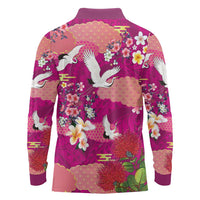 Hawaiian and Japanese Culture Together Long Sleeve Polo Shirt Pink Ohia Lehua Plumeria and Sakura Blooming LT03 - Polynesian Pride