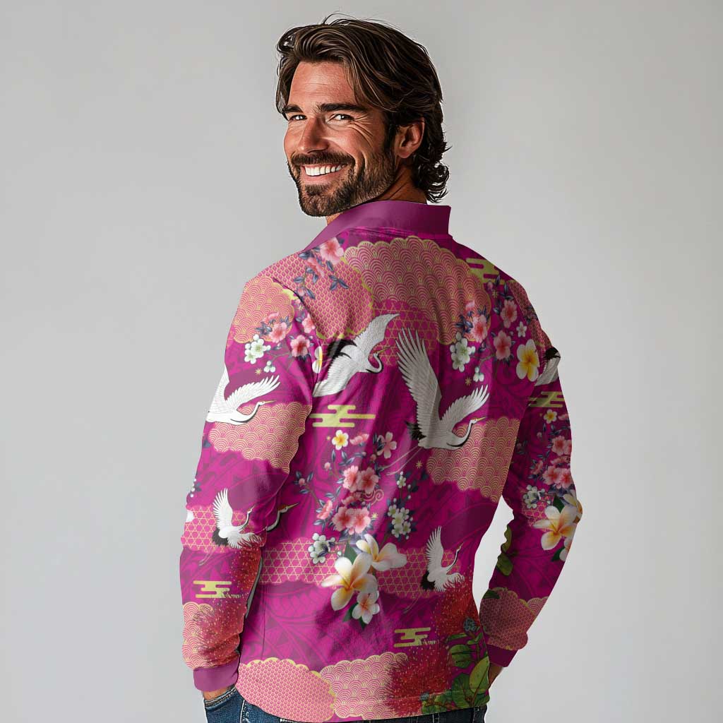 Hawaiian and Japanese Culture Together Long Sleeve Polo Shirt Pink Ohia Lehua Plumeria and Sakura Blooming LT03 - Polynesian Pride