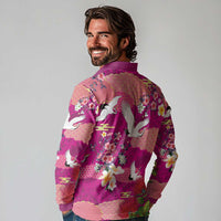 Hawaiian and Japanese Culture Together Long Sleeve Polo Shirt Pink Ohia Lehua Plumeria and Sakura Blooming LT03 - Polynesian Pride