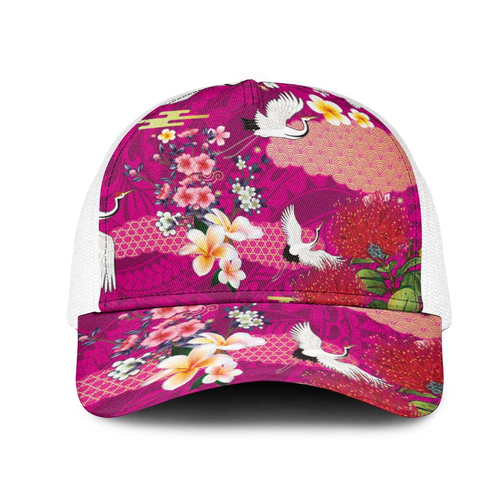 Hawaiian and Japanese Culture Together Mesh Trucker Cap Pink Ohia Lehua Plumeria and Sakura Blooming - Polynesian Pride