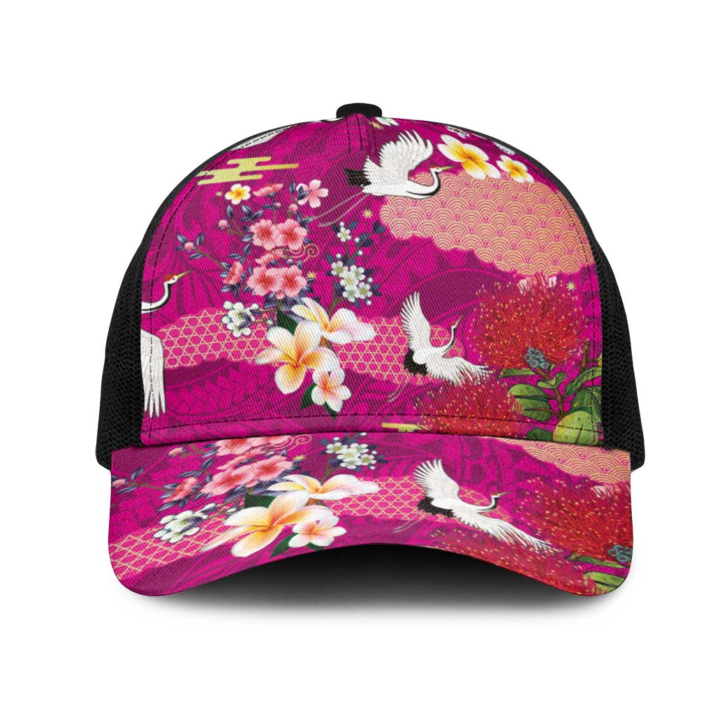 Hawaiian and Japanese Culture Together Mesh Trucker Cap Pink Ohia Lehua Plumeria and Sakura Blooming - Polynesian Pride
