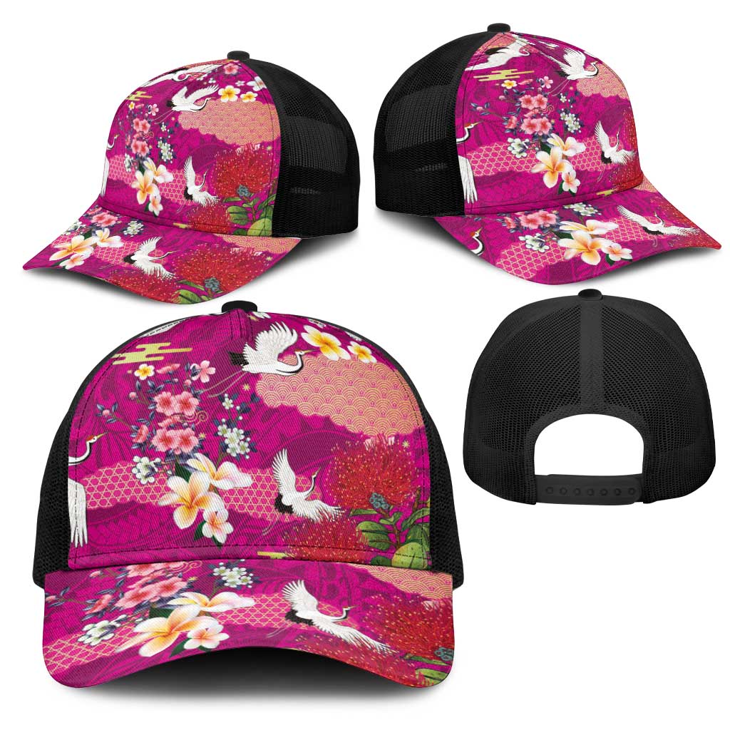 Hawaiian and Japanese Culture Together Mesh Trucker Cap Pink Ohia Lehua Plumeria and Sakura Blooming - Polynesian Pride