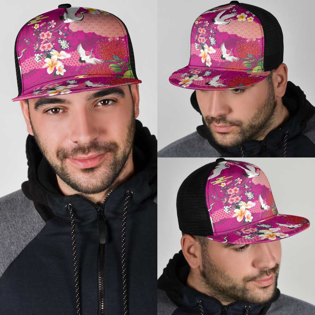 Hawaiian and Japanese Culture Together Mesh Trucker Cap Pink Ohia Lehua Plumeria and Sakura Blooming - Polynesian Pride