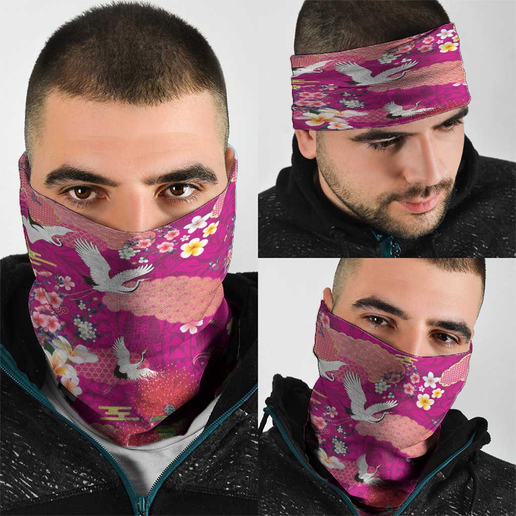 Hawaiian and Japanese Culture Together Neck Gaiter Pink Ohia Lehua Plumeria and Sakura Blooming - Polynesian Pride