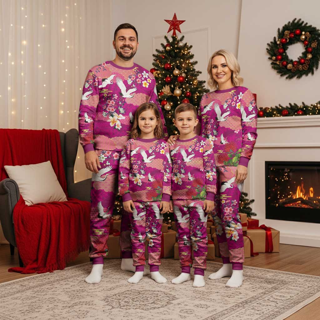 Hawaiian and Japanese Culture Together Christmas Pajama Set Pink Ohia Lehua Plumeria and Sakura Blooming - Polynesian Pride