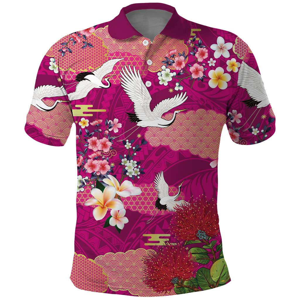 Hawaiian and Japanese Culture Together Polo Shirt Pink Ohia Lehua Plumeria and Sakura Blooming LT03 Pink - Polynesian Pride